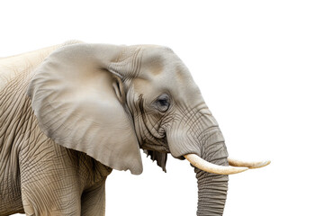 A detailed close-up of a graceful elephant, showcasing its intricate skin texture, expressive eyes, and majestic tusks against a white background.