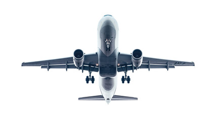 Detailed view of a commercial airplane captured mid-flight against a clear sky, showcasing the aircraft’s underbelly and intricate design. Perfect for aviation and transportation concepts.