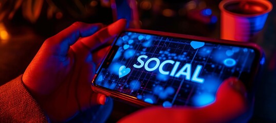 Futuristic interactive holographic social media text icon shining over mobile phone