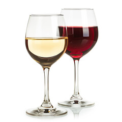 Two elegant wine glasses filled with red and white wine, isolated on a white background, reflecting sophistication and celebration.