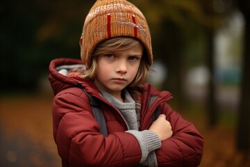 Portrait of a little girl in a red jacket and a knitted hat in the autumn park
