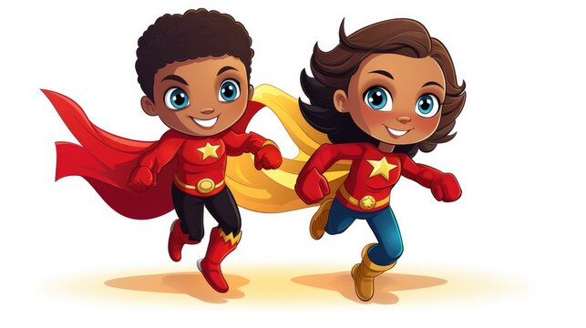Two vector cartoon kids in superhero costumes, teaming up to save the day.