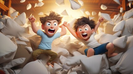 Two 3D cartoon kids having an epic pillow fight with oversized pillows.