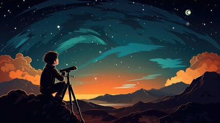 A vector cartoon kid with a telescope, looking at the stars.