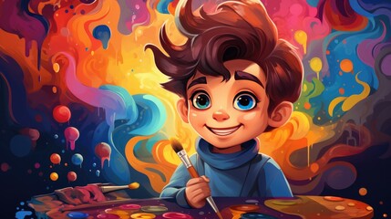 Obraz na płótnie Canvas A vector cartoon kid with a paintbrush, creating a colorful masterpiece.