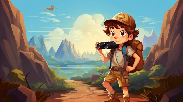 A vector cartoon kid with a backpack and binoculars, going on an adventure.