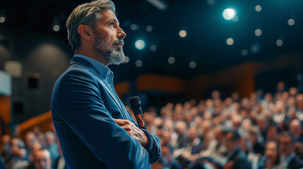 Man Standing in Front of Crowd of People at a Political Rally - obrazy, fototapety, plakaty