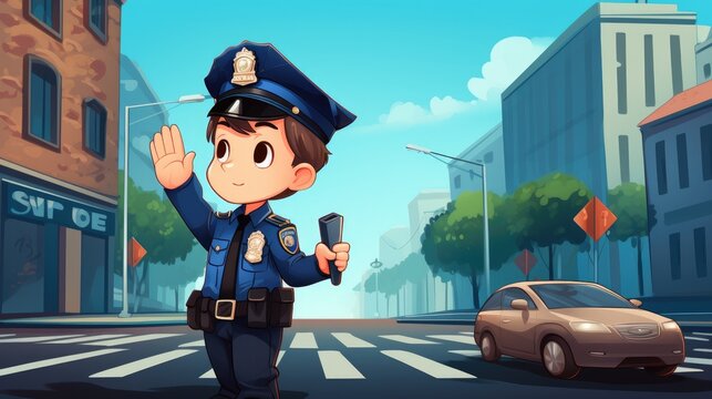 A vector cartoon kid in a police uniform, directing traffic.