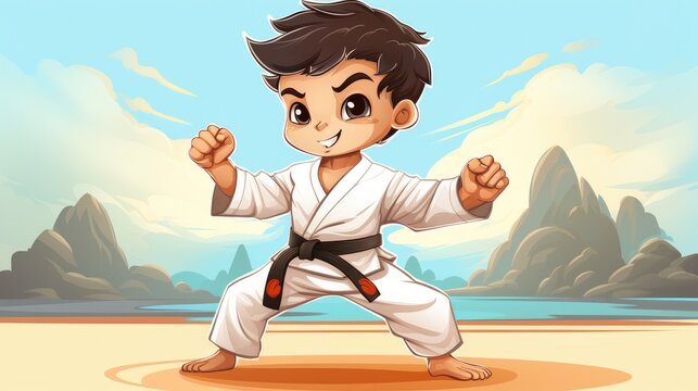 A vector cartoon kid in a karate uniform, practicing martial arts.
