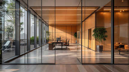 Office With Glass Walls and Wooden Floor
