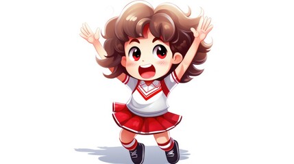 A vector cartoon kid in a cheerleader uniform, cheering at a game.