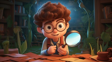 A 3D cartoon kid sleuthing with an absurdly large magnifying glass to solve mysteries.