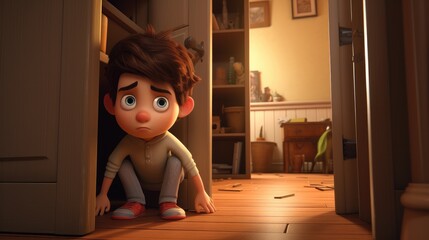 A 3D cartoon kid playing an exaggerated game of hide and seek.