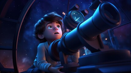 A 3D cartoon kid peering through a colossal telescope at the vast night sky. - obrazy, fototapety, plakaty