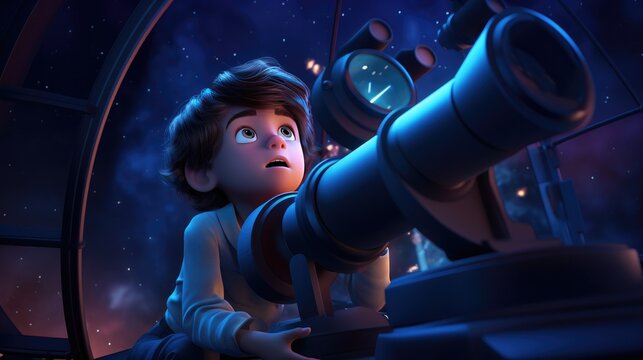 A 3D cartoon kid peering through a colossal telescope at the vast night sky.