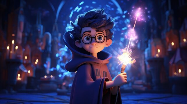 A 3D cartoon kid in a wizard's robe, wielding a larger-than-life magic wand.
