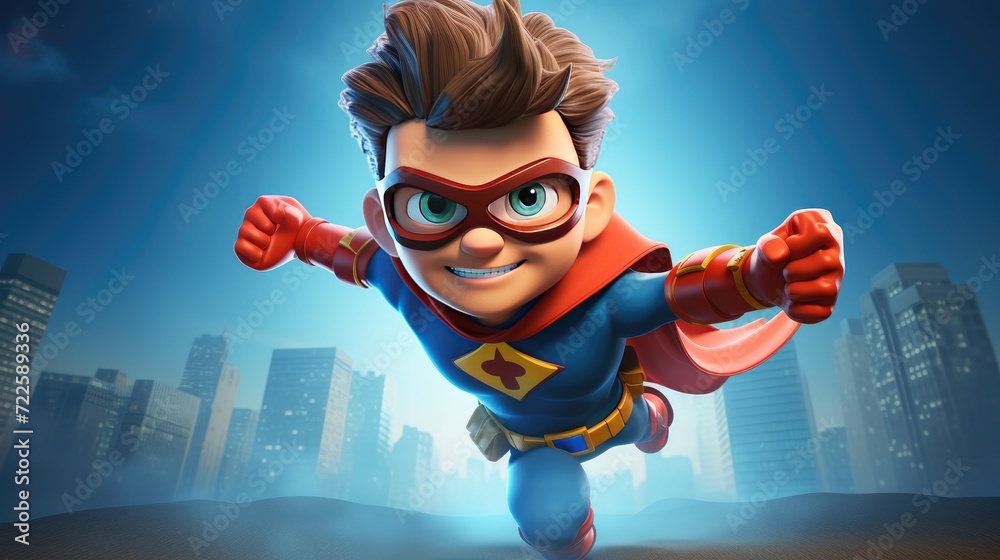 Poster A 3D cartoon kid dressed as a superhero, striking a heroic pose.