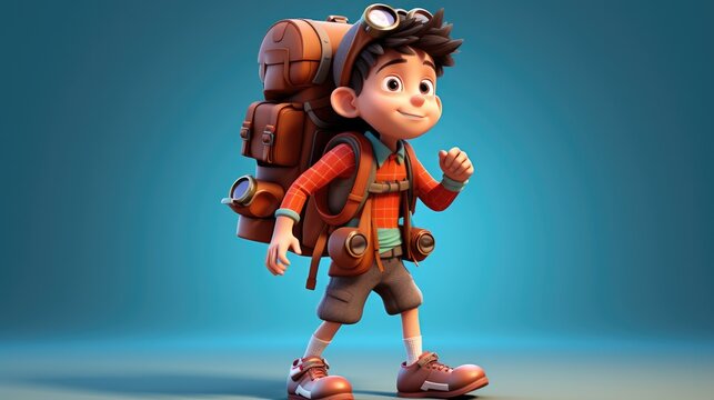 A 3D cartoon kid equipped with a backpack and giant binoculars, ready for an epic adventure.