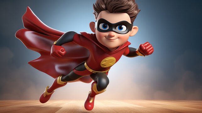 A 3D cartoon kid dressed as a superhero, striking a heroic pose.