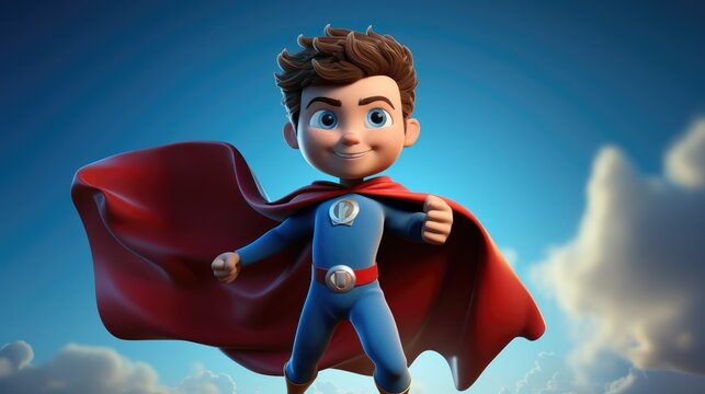 A 3D cartoon kid dressed as a superhero, striking a heroic pose.