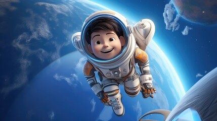 A 3D cartoon kid decked out in an astronaut suit, venturing into outer space on a rocket ship.