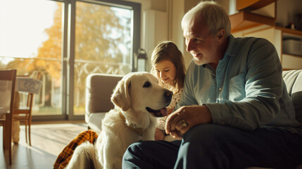 Blind Mature Man With Daughter And Guide Dog At H.