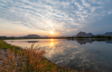 Mountain with sunset sky of pink twilight in evening time