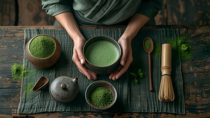 A serene moment of preparing and enjoying matcha. Green tea bud powder highlighting the greenery and traditional utensils. Matcha moment concept. - obrazy, fototapety, plakaty