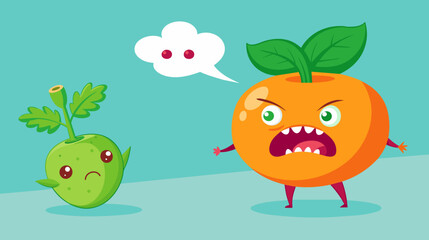 Angry orange and scared lime cartoon characters illustration
