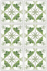 playing card / tarot card reverse side art, card back pattern or stationery / card design - elegant green leaves, vines, and ivy on white tile background