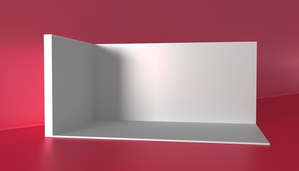 3D exhibition booth. Showroom. Square corner. Empty geometric square. Blank box template. White blank exhibition stand. Presentation event room.	

