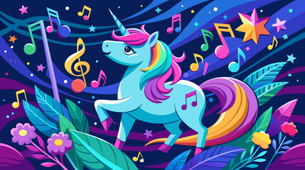 Colorful unicorn cartoon dancing with musical notes in a fantasy landscape