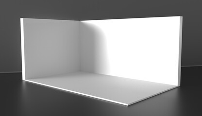3D exhibition booth. Showroom. Square corner. Empty geometric square. Blank box template. White blank exhibition stand. Presentation event room.	
