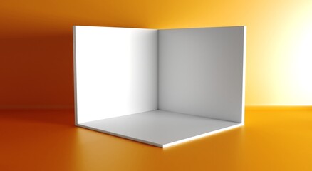 Square exhibition and Cube box. Corner room interior section on orange background. White blank geometric square 3D blank box template.