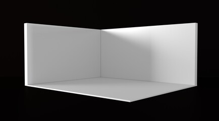 3D exhibition booth. Showroom. Square corner. Empty geometric square. Blank box template. White blank exhibition stand. Presentation event room.	