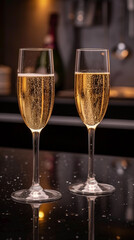 Two glasses of champagne with bubbles on a bar counter, dark background with bokeh.