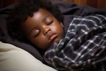 Little boy, Afro-american child, with black skin, sleeping in bed with closed eyes under the blanket with dark background..