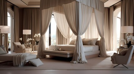 Luxurious bedroom retreat with a canopy bed, silk drapes, and a soothing neutral color scheme - obrazy, fototapety, plakaty