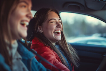 Two Women Laughing in Back Seat of Car