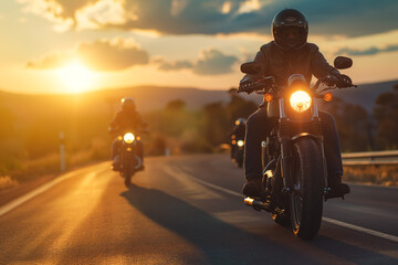 Two People Riding Motorcycles on a Road at Sunset