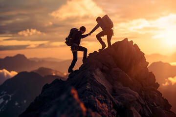 Man Assisting Another Climber Up a Mountain