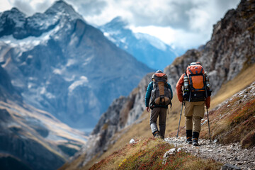 Fototapeta na wymiar Two Hikers Ascending Hillside With Backpacks