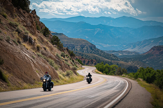 Two People Riding Motorcycles Down a Mountain Road © Ilugram
