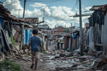 Young Boy Walking Down a Dirty Street