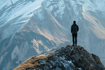 Adventurous Person Standing on Snow-Capped Mountain Peak