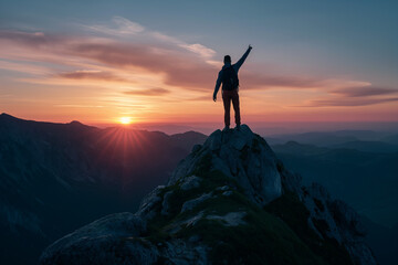 Person Standing on Mountain Peak During Sunset