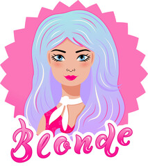Pretty cartoon blonde girl with blue hair as doll logo. Vector illustration.
