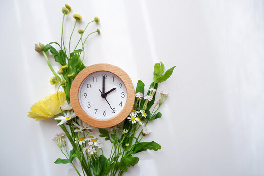 A clock and botanical elements composition on white background. Natural plants and flower decoration with wooden material of a clock for spring forward image. 