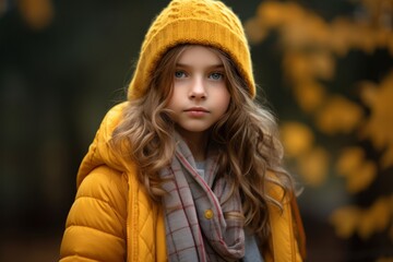 Portrait of a beautiful little girl in a yellow jacket on a background of autumn park