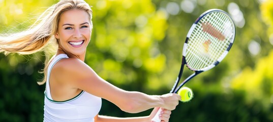 Delighted young woman playing tennis on outdoor court in summer with ample space for text placement